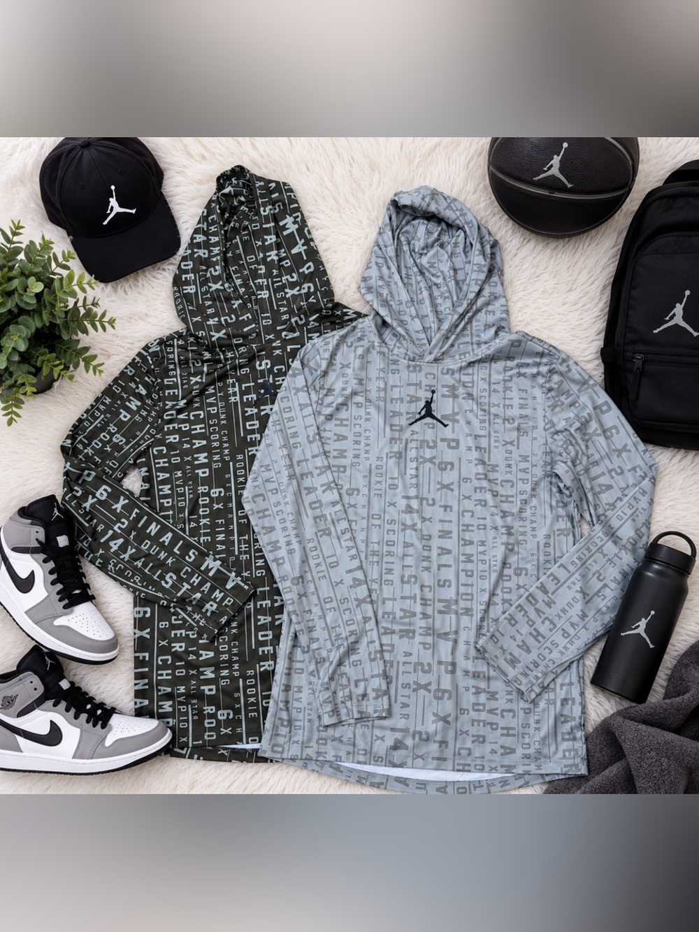 Nike Jordan Gray and Olive Text-Print Long Sleeve Hooded Tee